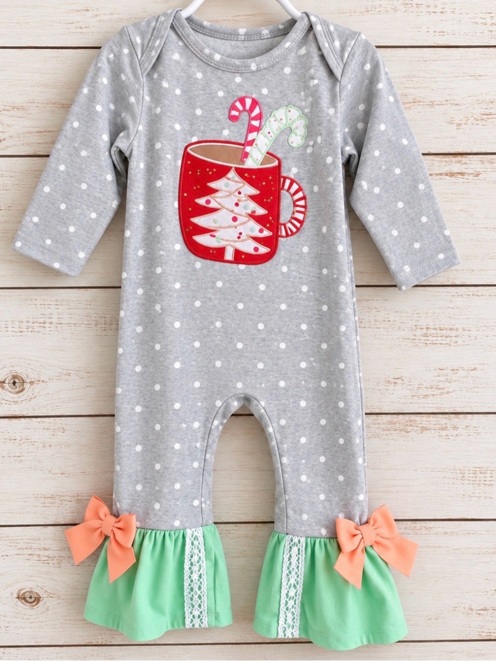 Gray Polka Dot Holiday Mug Applique One-Piece with Mint Ruffle Cuffs 3/6